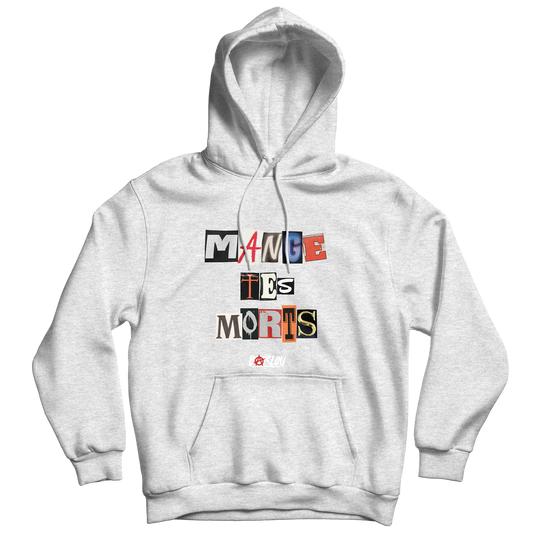 SWEAT-SHIRT CAPUCHE | "MANGE TES MORTS" - GRIS CHINÉ